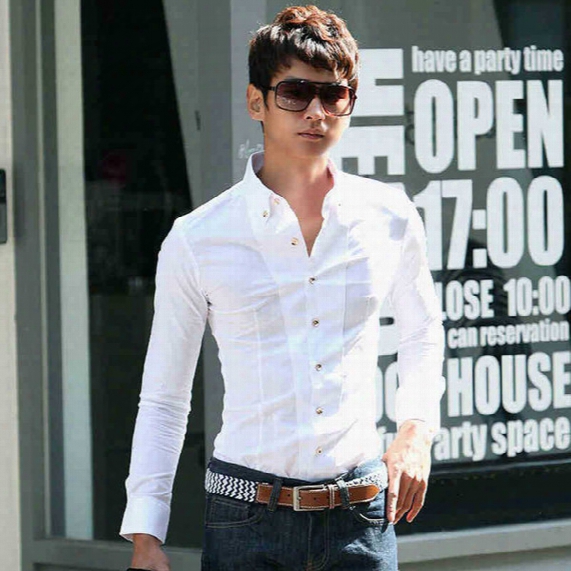 Wholesale-2015 Spring New Men Shirt Solid Color European Style Slim Fit Business Male Tops Easy Care Match Suit Shirts For Men 4 Color