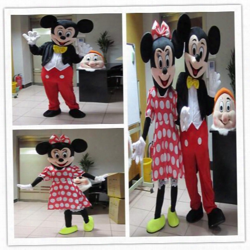 Wholesale - In-stock 2pcs Couple Mickey & Minne Mouse Cartoon Mascot Costume School Mascots Character Men&#039;s Costumes For Guys Fast Ship