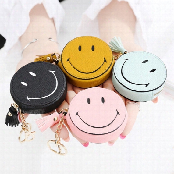 Wholesale- Lovely Cartoon Small Coin Purse Women&#039;s Purse Smiling Face Pill Eye Interesting Tassels Bag Pendant Girls Leather Wallet