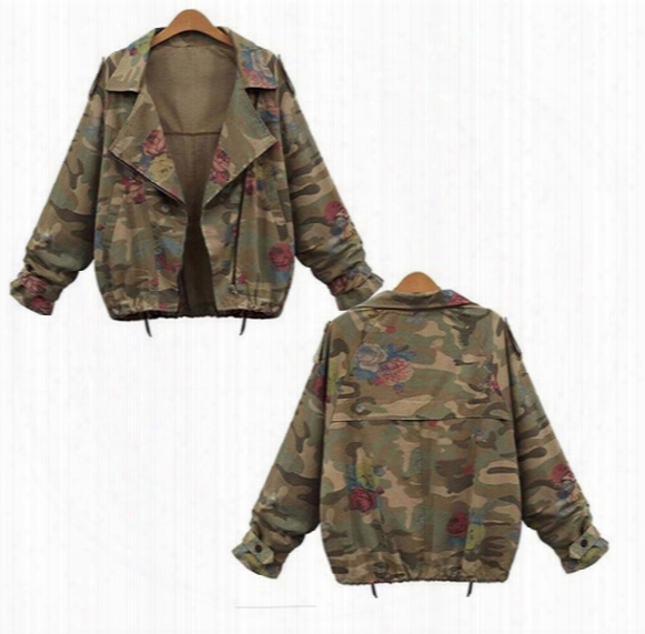 Wholesalee-new Autumn Winter Army Green Camouflage Women Jackets Floral Printed Zipper Jeans Coats For Woman Denim Cardigans