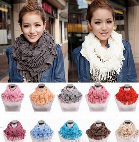 Womens Winter Warm Knitted Layered Fringe Tassel Neck Circle Shawl Snood Scarf Cowl Girl Solid Long Soft Infinity Scarves Wraps Free Shippin