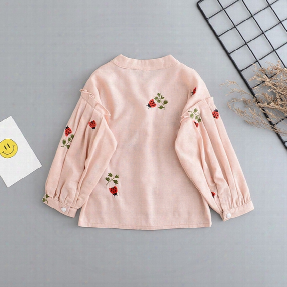 Cartoon Baby Girls Shirts New Autumn Beetle Embroidery Long Sleeve Kids Princess Tops Autumn Children Ruffle Sleeve Blouses C1897