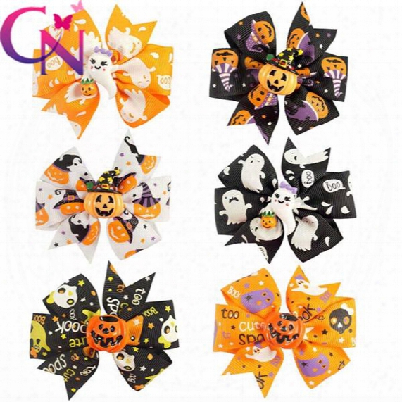 Children Halloween Hairpin Baby Girls Pumpkin Demon Printing Hair Accessories Cartoon Kids Bow Barrettes 3 Inches 6 Colors