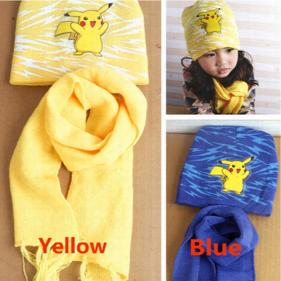Children Poke Pikachu Knitted Beanie Scrarves Kit Sets Baby Kids Girls Boy Winter Warm Cartoon Soft Crochet Scarf And Caps Hats 3-10t Px-h09