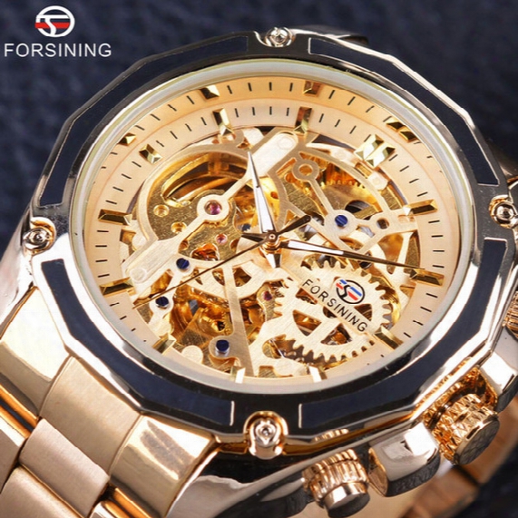Forsining 2017 New Collection Transparent Case Golden Stainless Steel Design Top Brand Luxury Men Watch Automatic Skeleton Mechanical Watch