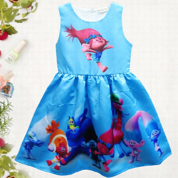 Girl Trolls Poppy Branch Princess Dress Children High Quality Cartoon Bowknot Sleeveless Vest Dresses Clothes B001