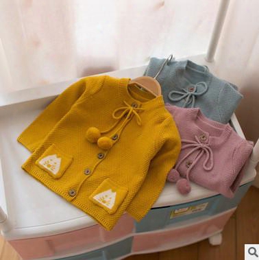 Girls Cotton Clothing 2017 Autumn New Kids Lace-up Bows Pompon Coat Children Knitting Cardigan Kids Cartoon Double Pocket Cardigan T4262