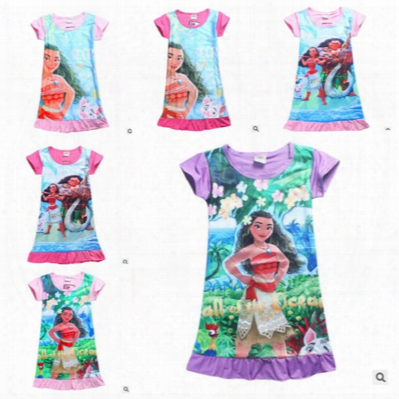Moana Pajamas Girls Trolls Nightgown Kids Cartoon Sleep Dress Summer Print Sleepwear Short Sleeves Cotton Dresses Kids Causal Fashion J520