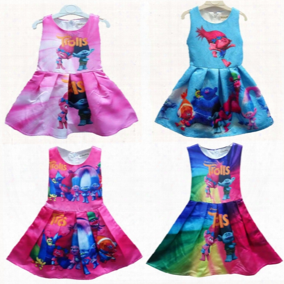 New 10 Colors Baby Girls Trolls Pleated Dress Cartoon Trolls Printing Princess Sleeveless Dresses Kids Clothing C1739