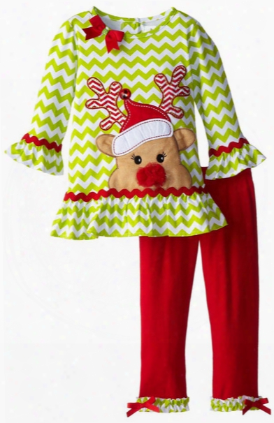 New Style Childrens Christmas Party Pretty Princess Set Cartoon Deer Cotton Outfit Girls Long Sleeve Wavy T-shirt And Pants Set