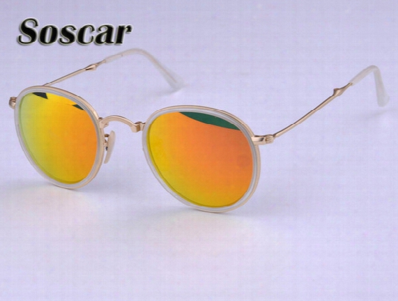 Soscar Round Folding Sunglasses 3517 Fashion Women Portable Glass Flash Mirror Lenses Brand Design Summer Sunglass With Folding Leather Box