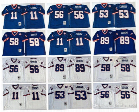 Throwback 56 Lawrence Taylor Jersey Man 89 Mark Bavaro 11 Phil Simms 53 Harry Carson 58 Carl Banks Blue White Color Stitched Logos