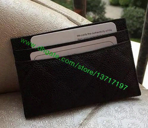 Top Grade Lady Black Caviar Grained Calf Leather Card Holder Women Fashion Desinger Card Slot