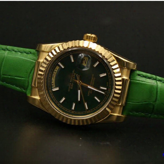 Top Sale Luxury Mens Watch Black Face Full Green Leather Original Strap Watch Day-date Automatic Movement Aaa Mens Watches Free Shipping