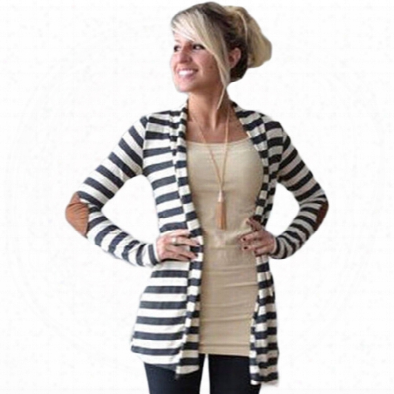 Wholesale- Black And White Striped Elbow Patching Pu Leather Long Sleeve Knitted Cardigan Fall Slim 2016 Spring Autumn Women Sweater