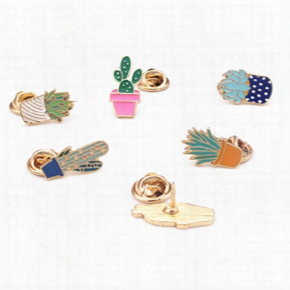 Wholesale- Cartoon Cute Girl Plant Cactus Enamel Metal Brooch Pins Metal Brooches Women Fashion Decorative Badge For Clothes Badges Icons