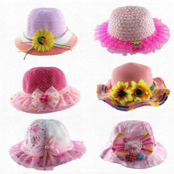 2-4 Year, Children&#039;s Sun Hats 2016 Girls Beach Hat Cartoon Smile Strawberry Pearl Bow Straw Hat Summer Sun Shade Small St Raw Hat E176