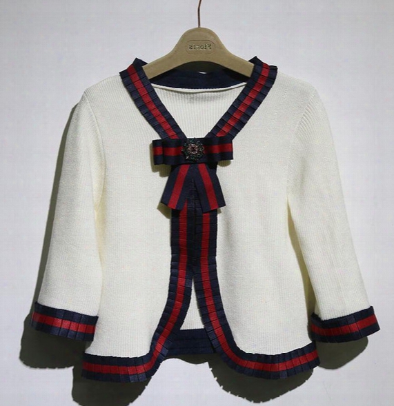 2017 Brand Same Style Cardigan Regular Long Sleeve V Neck Striped Bow Rhinestone Women Sweater Cardigan 99