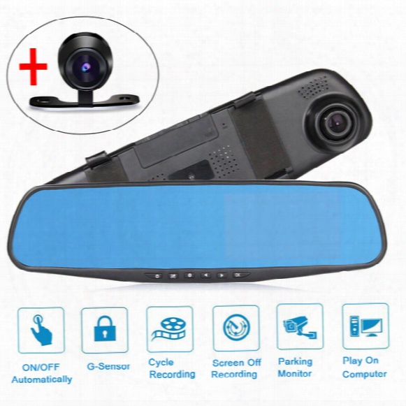 4.3&quot; 1080p Hd Car Dvr Vehicle Dual Lens Anti-glare Blue Mirror Video Driving Recorder Wide Angle 1200w Pixel Dash Camera