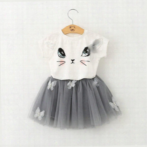 Baby Girls Cartoon Lace Tutu Skirt Sets Cat Top T Shirt+skirt 2pcs/sets Infant Summer Short Skirt Suit Children Outfits Free Shipping E1014