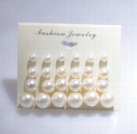 Earings For Woman Fashion White Pearl Piercing Stud Earrings Women Lady Jewelry 6mm/8mm/10mm/12mm Mix Size 1 Card 12 Pairs Pearls Earrings