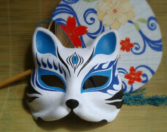 Hand- Painted Fox Mask Endulge Japanese Cartoon Pvc Mask Half Face Halloween Masquerade Cosplay Party Masks Blue Free Shipping
