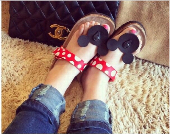 Hot Selling Casual Women Sandals Cartoon Mickey Mouse Slippers Cork Flats Summer Shoes Women Flip Flops