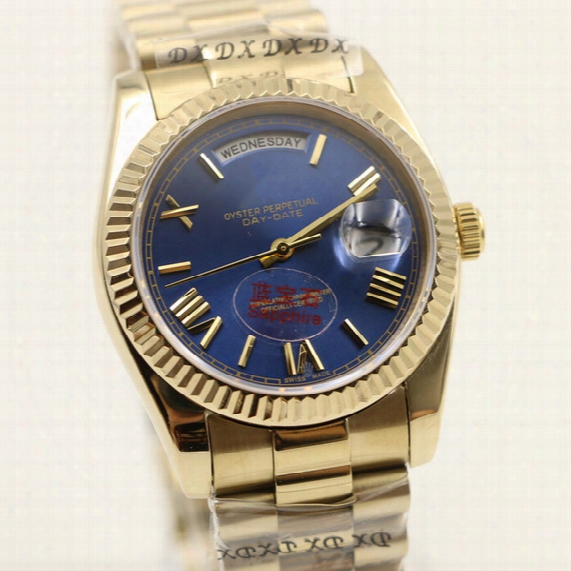Luxury Brand Watch Men Day Date Daydate Sapphire Glass Blue Dial 18k Gold Watch Automatic Fashion Watch Mens Watches Free Shipping 36mm