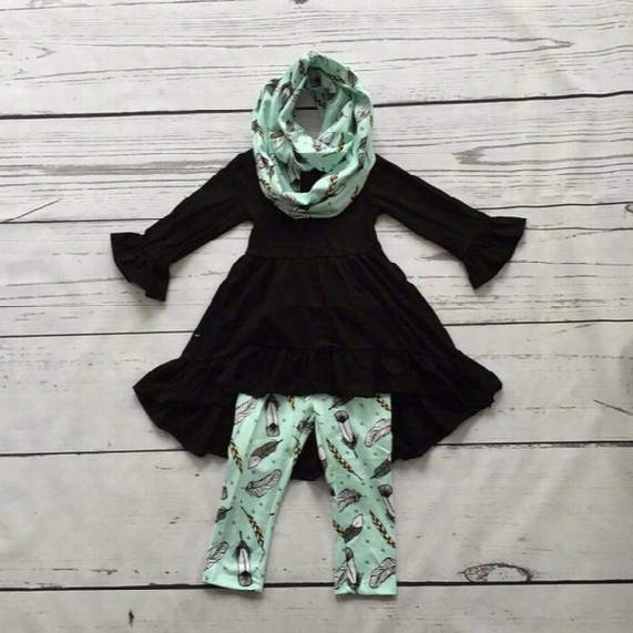 Wholesale- Fall/winter Scarf Set Children Suit Baby Girls Mint Black Print Feather 100% Cotton 3pieces Long Sleeves Pants Boutique Clothes