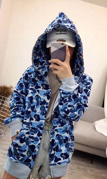 2017 Fall /winternewnew Japanese Teenager Hip Hop Shark Head Camo Fight Hooded Jacket Men Women Wild Cardigan Hoodie Jacket