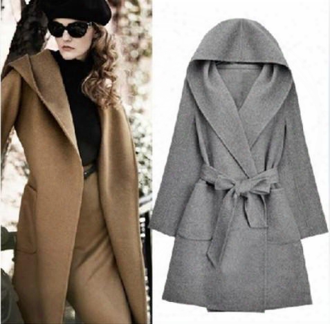 European Fashion Winter Hooded Long-sleeved Cashmere Overcoats Bow Belt Mustard Yellow Cardigan Shawl Cape Wool Coat A19