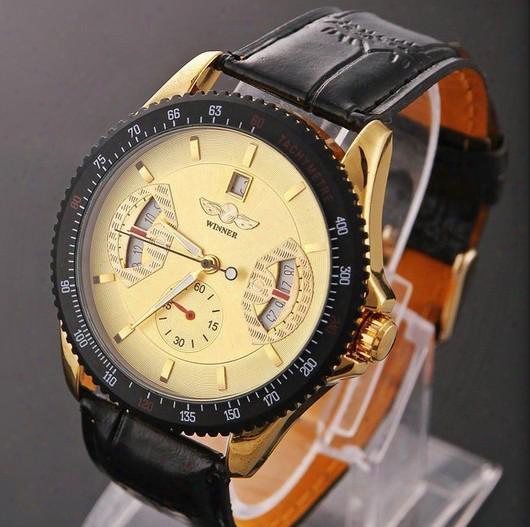 Father's Day Famous Brand Winner Fashion Leather Band Men Automatic Mechanical Self Wind Gold Watch With Calendar Date For Men Wrist Watch
