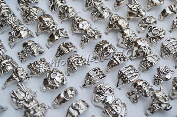 Free Best Price Rings Lot Skull Carved Biker Men Silver Plated Alloy Ring Fashion Jewelry 50pcs