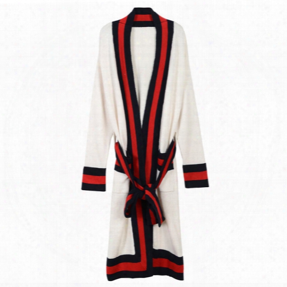 Free Shipping 2017n Brand Same Style Cardigan Long Long Sleeve V Neck Striped Panelled Black /white Women Clothing 1888