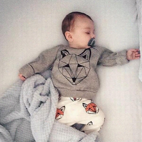 Ins Baby Outfits Infant Clothes Suits Cartoon Fox Long Sleeve T-shirts Sets Harem Pants Trouser Suit Leggings Home Clothes 2 Piece Set