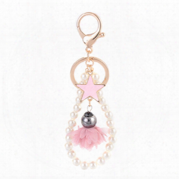 Lovely Pearl Strip Star Flowers Pendants Metal Keychain Keyring Car Keychains Purse Charms Handbag Pendant Best Gift