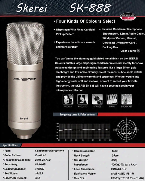 Skerei Sk888 Top Quality Professional Wired Cardioid Directivity Computer Studio Recording Condenser Microphone For Studio Stage