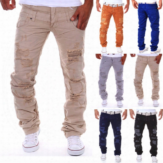 Wholesale- 6 Color 2016 New Famous Brand Vintage Men Designer Casual Hole Ripped Jeans Mens Fashion Skinny Denim Cargo Pants Hip-hop Male