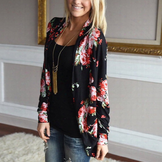 Wholesale- Autumn New Women Casual Outwear Boho Irregular Long Sleeve Wrap Cardigans Loose Floral Print Basic Plus Size Coats Tops Casacos
