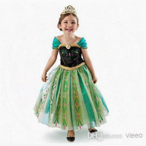 Wholesale Frozen Princess Short Sleeve Dress Children Baby Girl Party Princess Birthday Lace Tutu Dresses + Crown Ly-346-33