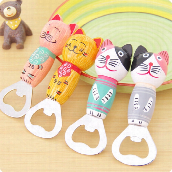 2016 New Creative Cartoon Hand-painted Bali Island Style Cat Wood Opener Beer Bottle Opener Free Shipping