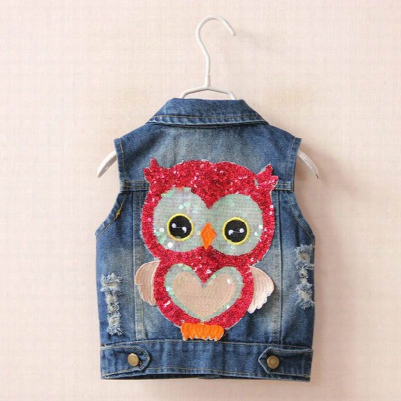 2017 Spring Summer New Girl Waistcoat Sequins Owl Cartoon Denim Coat Children Clothing 2-7y 18505