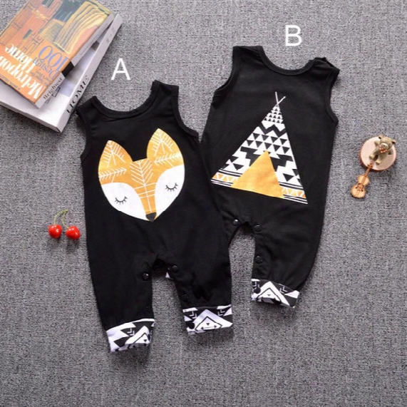 Baby Ins Fox Tent Rompers Boys Girls Cartoon Ins Cotton Geometric Pattern Print Sleeveless Romper Baby Clothes 0-3year B