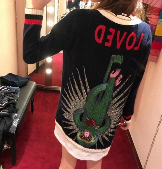 Brand Designer Sequined Monkey Wool Cardigan 2017 Style Runway Embroidery Letters Knitted Jumpers Autumn Winter Casual Long Sweaters