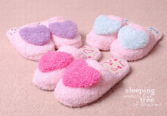 Fashion Women Winter Slippers Love Heart Fluff Lovely Warm Cartoon Plush Slipper Household Shoes Flattie 3 Colors