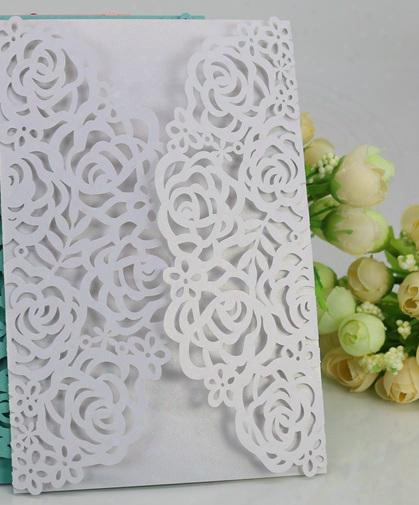 Free Shipping 50pcs White Rose Flower Business/party/birthday Laser Wedding Invitation Card, No Envelope,no Inner Sheet