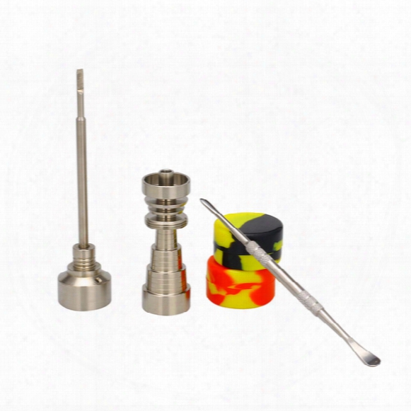 Gr2 D Omeless Titanium Nails 6 In 1 Bong Tool Set 10mm & 14mm & 18mm Domeless Gr2 Titanium Nail Carb Cap Dabber Silicone Jar For Glass Bong