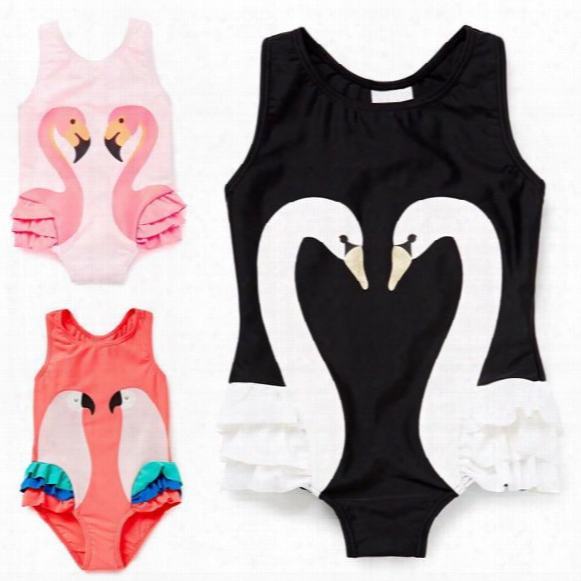 Ins 3 Color Girls Swan Flamingo One-pieces Swimsuit Children Cartoon Parrot Sling Baby Fashion Swimming Jc75