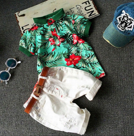 Kids 2 Color Fashion Ins Boy Stripe Flower Belt Suits Summer Children Cartoon Short Sleeve T-shirt +shorts 2pcs Suits Baby Clothes B