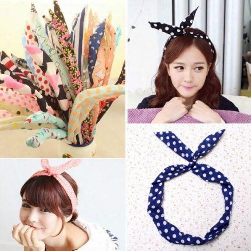 Korean Women Cute Bunny Rabbit Ear Ribbon Headwear Metal Wire Scarf Diy Hair Head Band Colorful Style